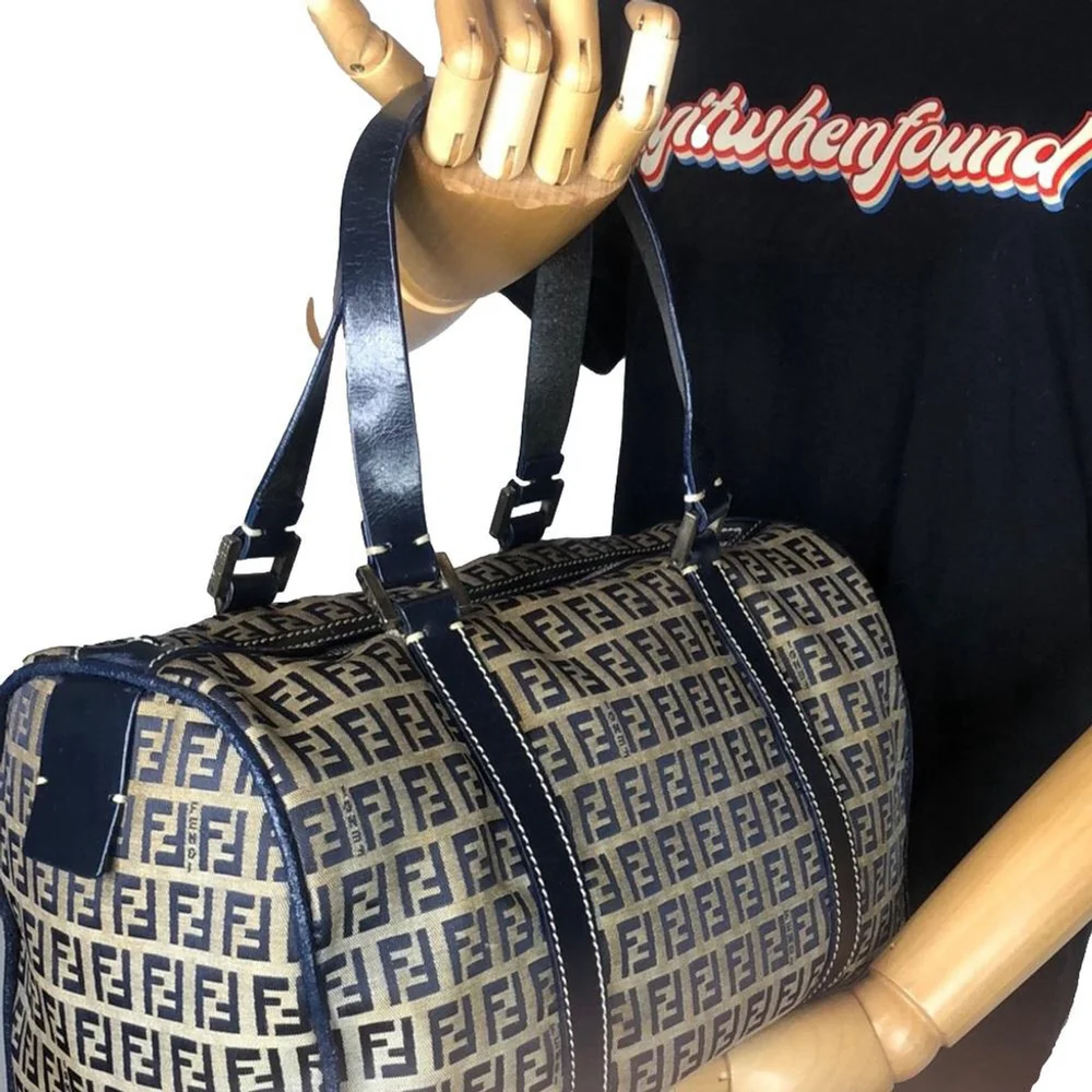 FENDI Zucca Navy Blue Leather and Tan Canvas Boston Duffle Bag Speedy 30